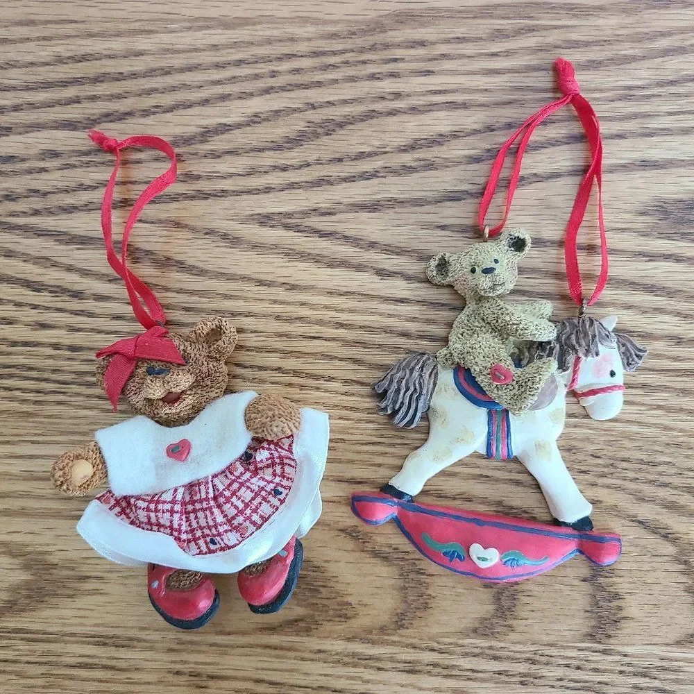 Kurt Adler Holly Bearies Vintage Girl and Boy Teddy Bear Rocking Horse Ornaments